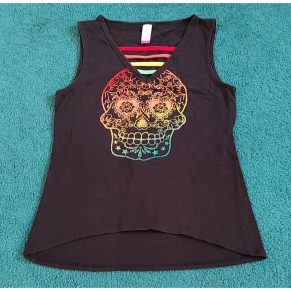 No Boundaries Rainbow Skull Day of the Dead Girl's Black Tank Top Size Medium - Picture 1 of 6